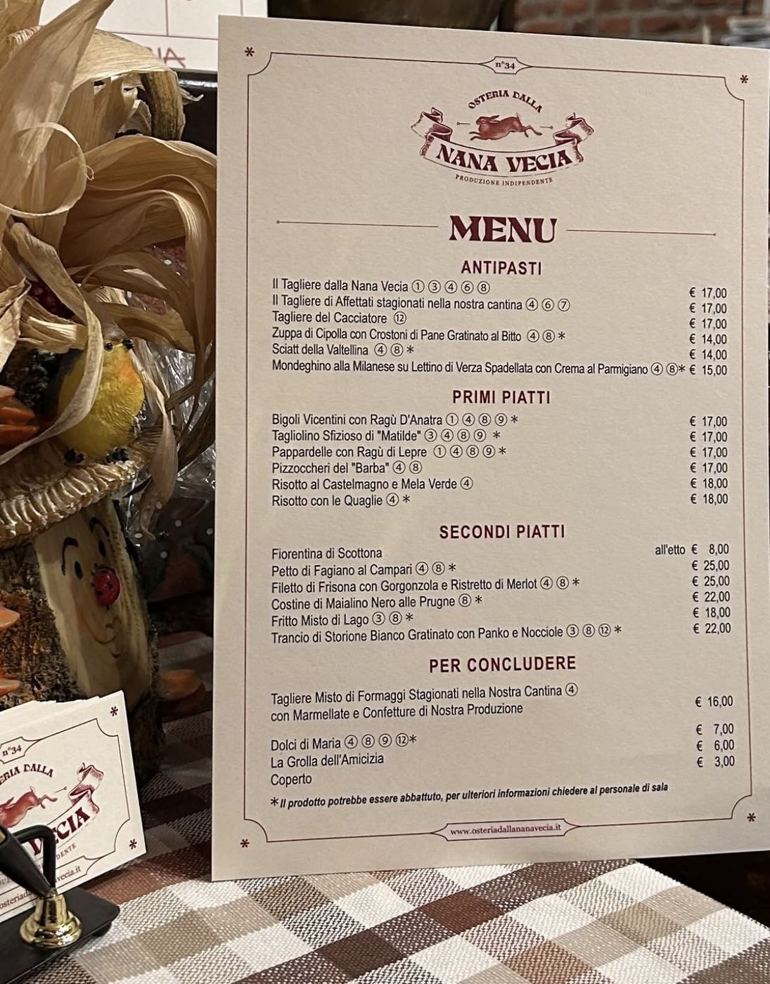 Il menu cartaceo dell'Osteria dalla Nana Vecia